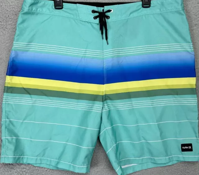 Hurley Swim Trunks Mens 38 Green Striped Swimwear Drawstrings Logo Board Shorts