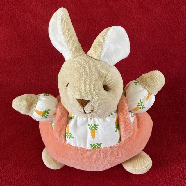 🇫🇷 VINTAGE Doudou Boule Grelot Lapin Marron Salopette Orange Carotte NOUKIE’S