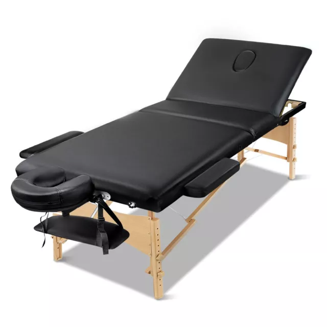 Zenses Massage Table 70cm Portable 3 Fold Wooden Beauty Waxing Therapy Bed Black