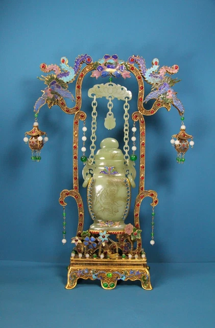 Chinese Exquisite Handmade Gilt Inlaid Hetian Jade Chain Bottle Phoenix Flowers