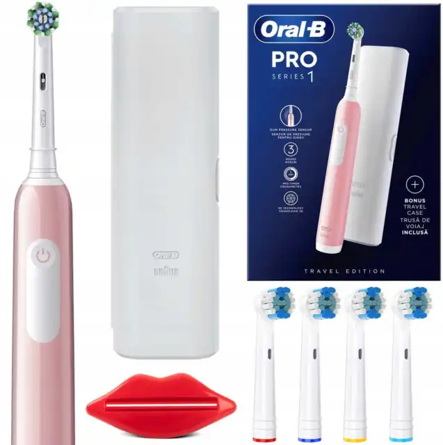 ORAL-B PRO 1 CROSS ACTION Zahnbürste, Etui, Quetscher Ersatzbürsten pink