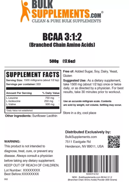 BulkSupplements BCAA 3:1:2 Powder 500g - 1500 mg Per Serving 2