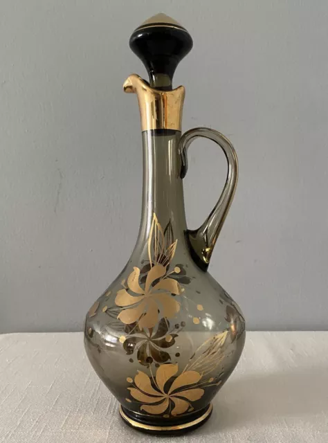 Vintage Czech Bohemian Smoked Glass Decanter 22k Gold Gilt Hand Painted Floral