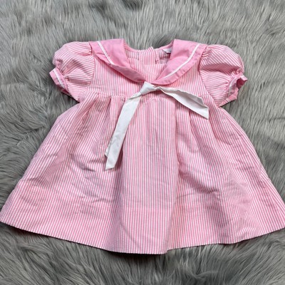 Vintage Baby Girls Alexis Pink White Seersucker Striped Sailor Dress