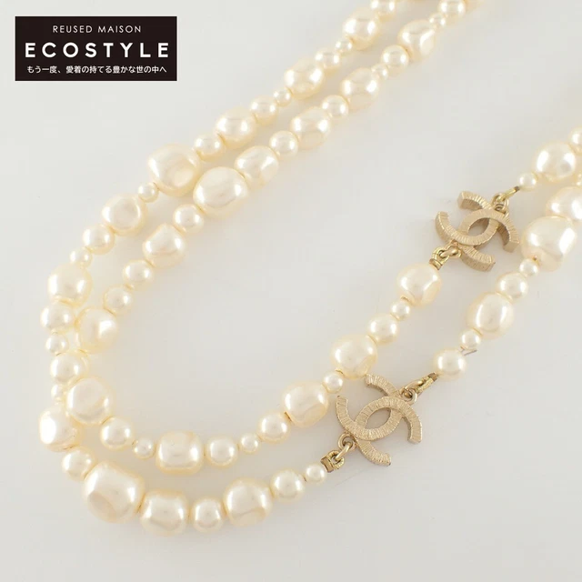 CHANEL 12C CC Logos Baroque Pearl Long Necklace White gold