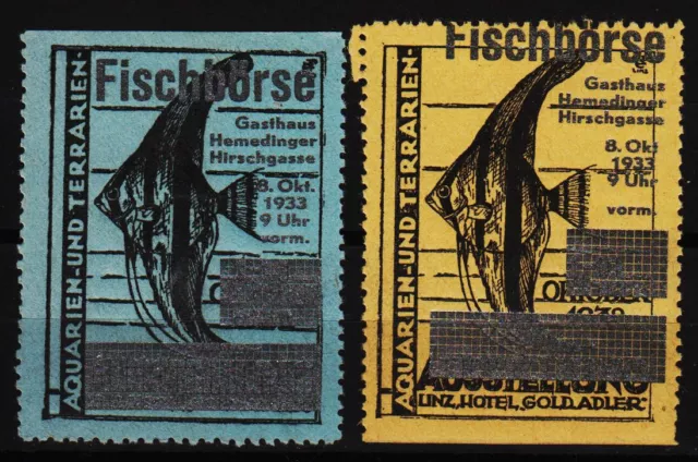 2 alte reklamemarken 1933 fisch-börse, gasthaus hemedinger, linz, überdruck/0407