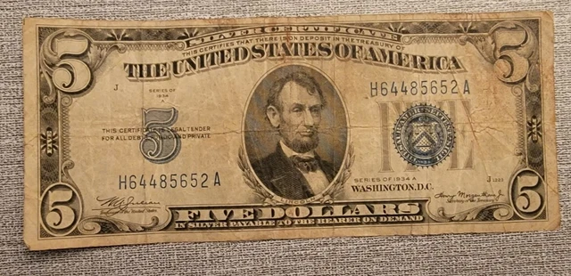 1934 A Series Five Dollar Silver Certificate Blue Note Seal