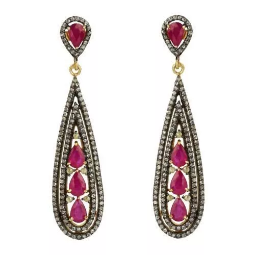 Pierre Précieuse Rubis Boucles D'Oreilles Naturel Diamant 925 Argent Sterling