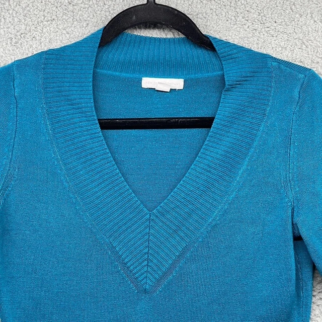 New York & Company Damenpullover blau V-Ausschnitt Strick Langarm Stretch Größe XS 2