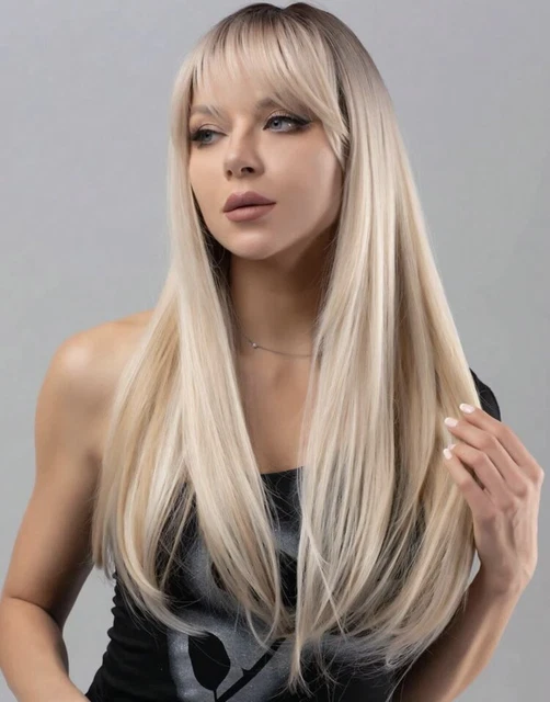 Perruque Longue Blonde Platine Racines Noires - Synthétique - Taille Moyenne - Neuf Sans étiquette