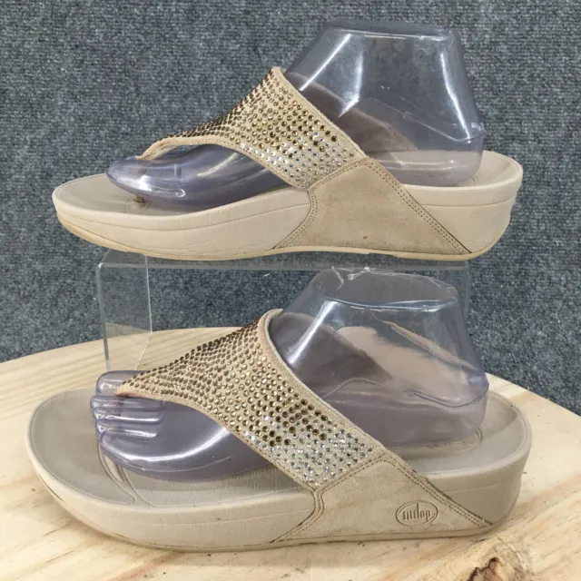 Fitflop Flipflop Womens 10 Beige Flare Sequined Thong Slip On Wedge Sandal 2