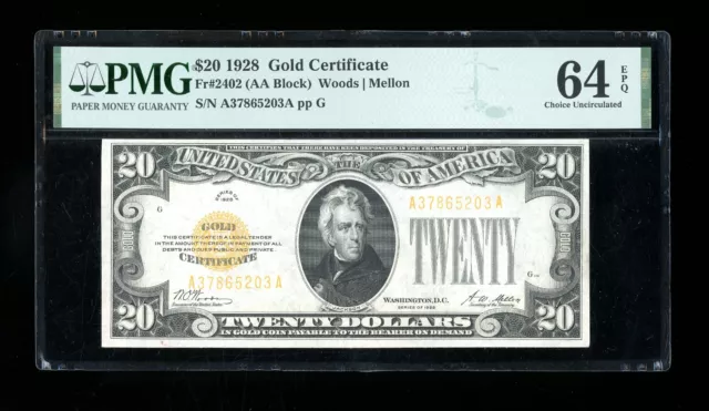 DBR 1928 $20 Gold Certificate Fr. 2402 PMG 64 EPQ Serial A37865203A