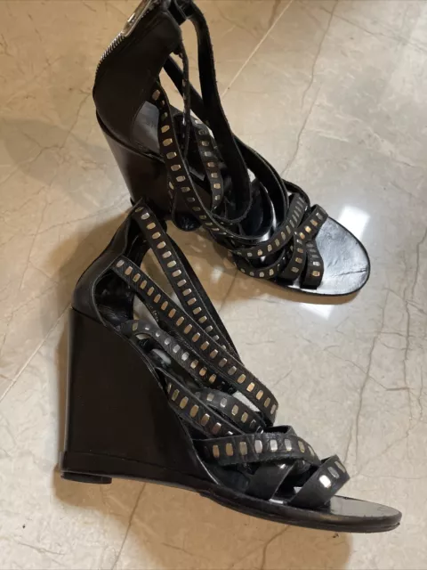 Designer SIGERSON MORRISON Studded Black Leather Wedges Sandals size 6.5 Italy