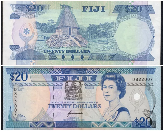 Fiji 20 Dollar Banknote 1992 P95 QEII D8 Kubuabola Combined Postage