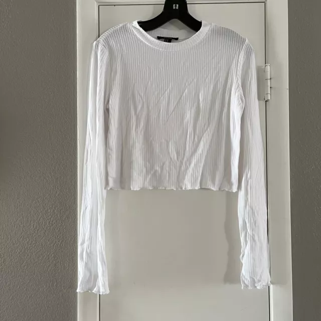Forever 21 Pullover Sweater Women’s White Cropped Fit Long Sleeve Size Medium