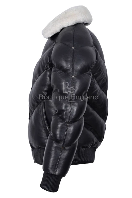 Men's Puffer Leather Jacket Fur Collar WARM Bomber Black REAL LEATHER Jacket Ace 4