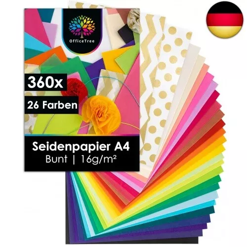 360 x Seidenpapier A4 in 26 Farben - Seidenpapier Bunt zum Basteln 16 g/qm -