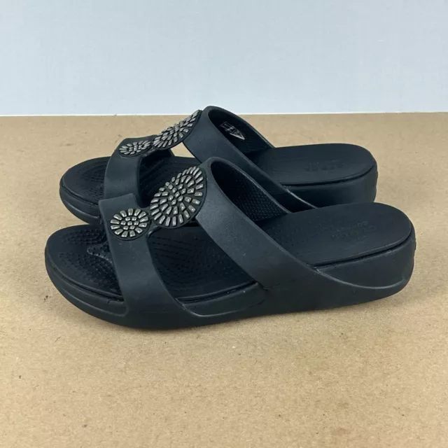Crocs Monterey Diamonte Sandals Womens 7 Black Slide Slip On Casual