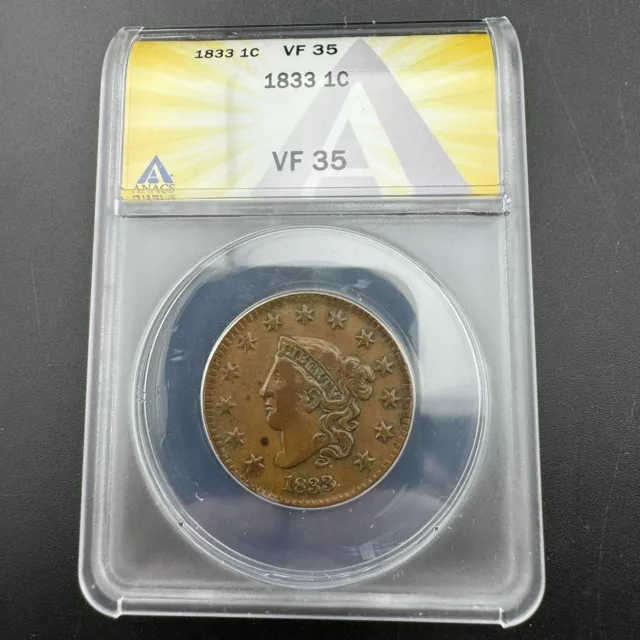 1833 Large Cent US Penny ANACS Graded VF35