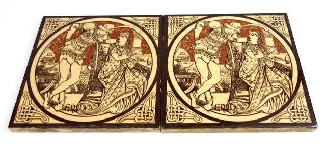 Antique Minton Tiles Pair John Moyr Smith Idylls of the King - Enid