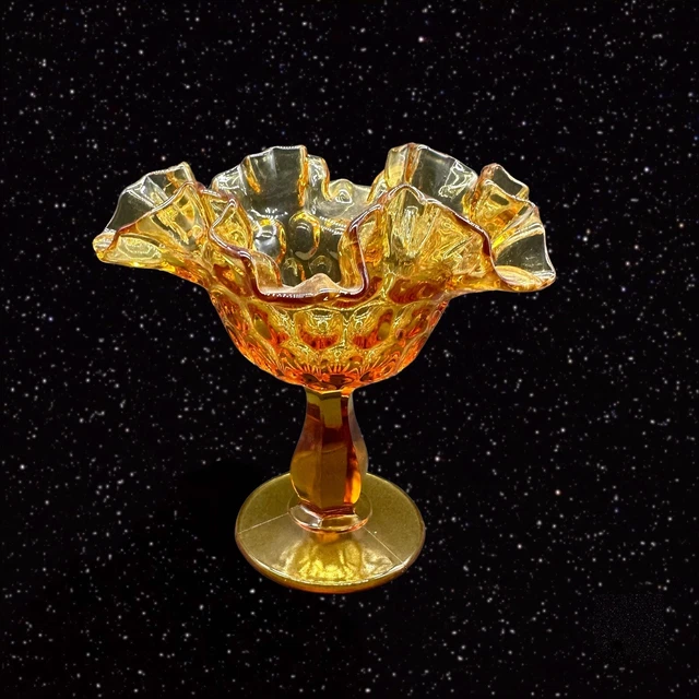 Fenton Amber Hobnail Ruffled Edge Compote Candy Dish Art Glass 6"T 5.5”W