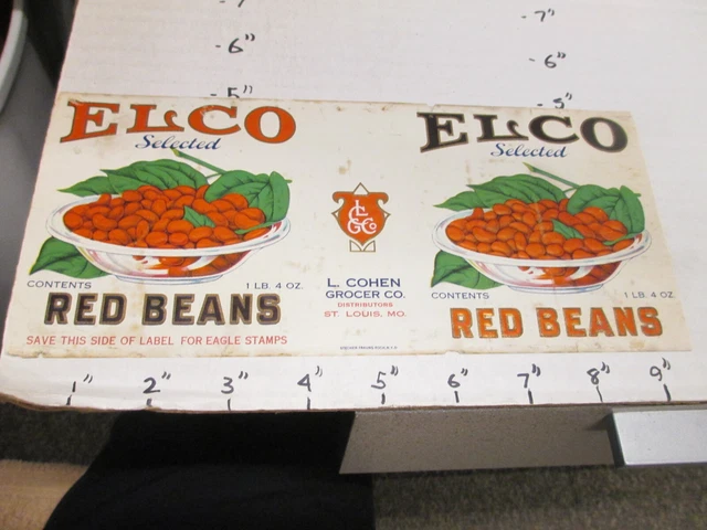 ELCO red beans 1930s metal tin can food paper label L Cohen Grocer