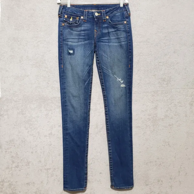 True Religion Jeans Women Size 30 36L Julie Skinny Low Rise Blue Distressed Y2K