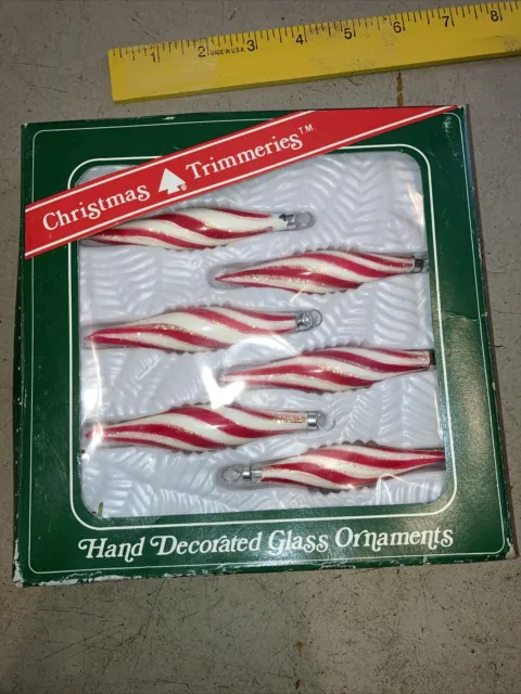 Christmas ornaments Set of 6 Glass Red and White Candy Cane Peppermint Stripes