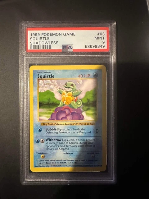 Pokemon Card,PSA 9,Squirtle,63/102,Rare,WoTC,Shadowless  Base Set,Non Holo