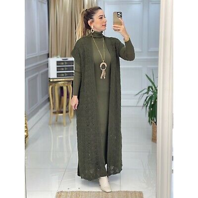 Two Piece Muslim Sets Maxi Dress and Lace Detailed Cardigan Abaya Modest Suit