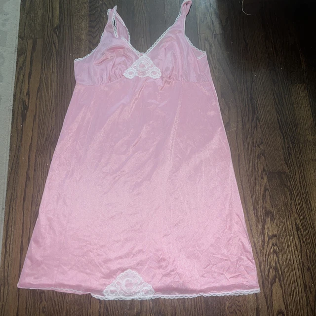 Vtg Nightgown Pink barbie core Lace  trim  lined Made in USA Union Label 44 xl