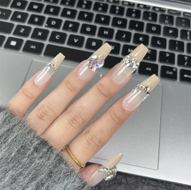 Hecho a mano Uñas Falsas Diamante Francés Ataúd Prensa en Uñas para Arte en Uñas 10 PIEZAS