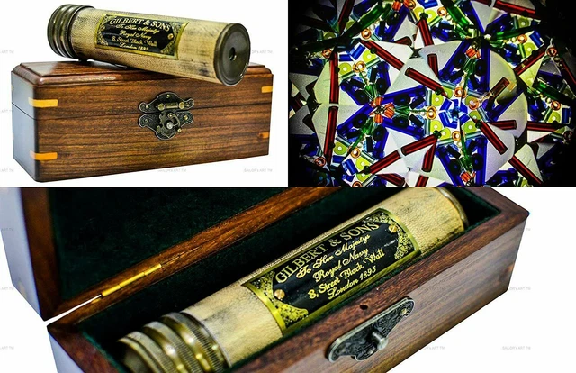 Kaléidoscope Ancien En Laiton Avec Boîte En Bois Gravable - Objet Décoratif Vintage