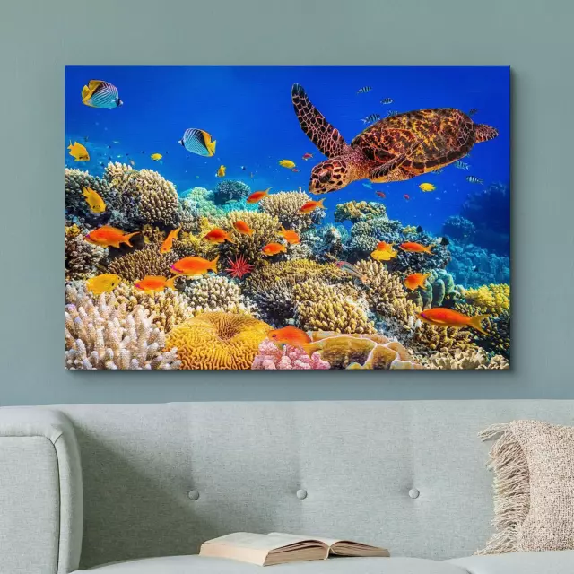 Canvas Print Wall Art Neon Coral Reef Blue Hippo Tang Fish Turtle Nature Animals 2