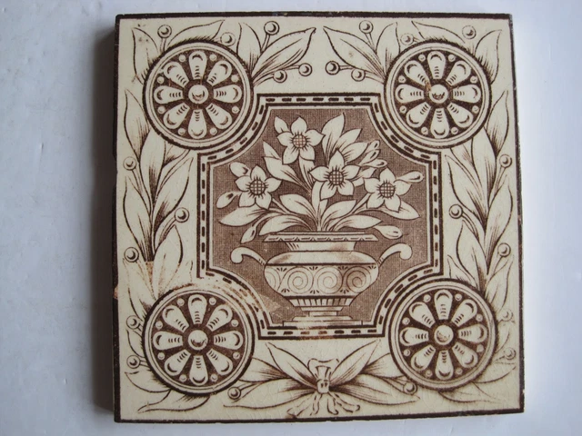 Antique Victorian Transfer Print Brown On Buff Tile - Central Vase Of Flowers