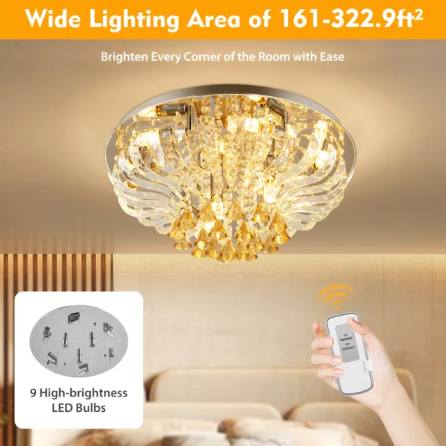 Luxury Crystal K9 Ceiling Light LED Dimmable Chandelier Fixture Flush Mount Lamp