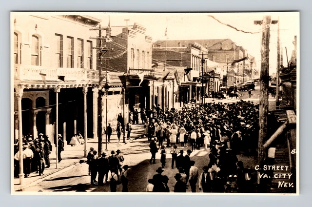Virginia City NV-Nevada RPPC, Busy Crowded C Street, Real Photo c1920 Postcard