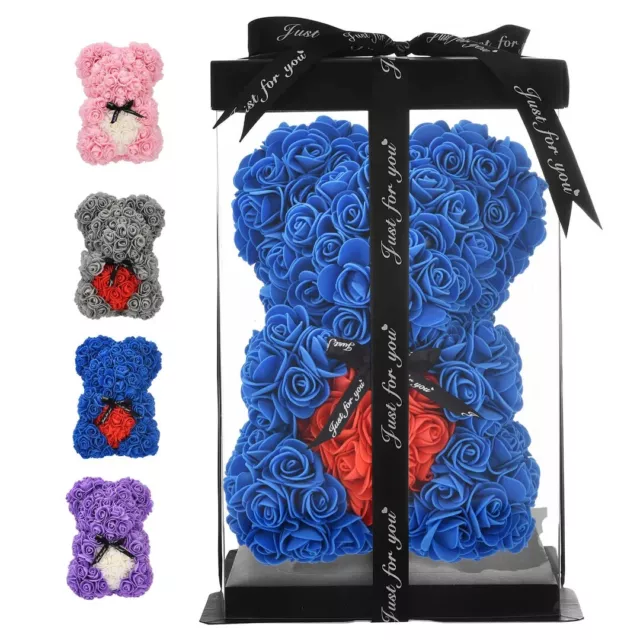 Royal BlueRose Bear Flower Teddy Doll with Box Birthday Wedding Lovers Gift Foam