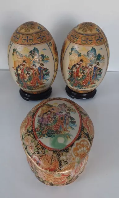 Vintage.pair Of Japanese Satsuma Gold Gilt Moriage Eggs And Trinket.