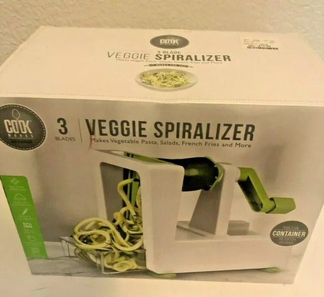 Usado 1X ARTE Y COCINA FUNCIONA 3 Hojas ESPIRALIZADOR VEGETAL con Caja COMPLETO Papas fritas de calabacín