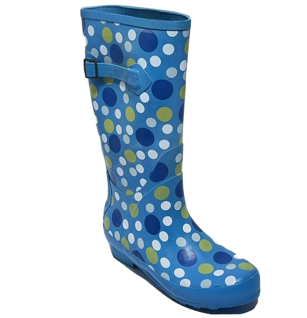 LL Bean Women's Wellies Polka Dot Tall Nylon Shank Rain Rubber Boots Size 8 Blue