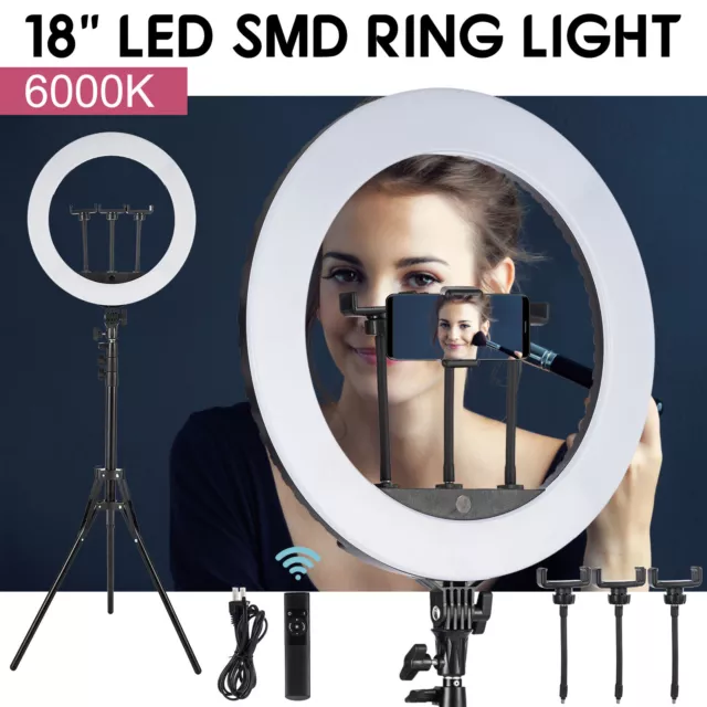 18" LED Ring Light Kit W/ Stand Dimmable 6000K For Makeup Phone Camera Youtube