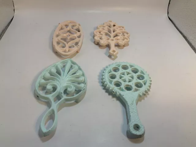 Vintage Cast Iron Miniature Trivets Wilton lot of 4 mixed MT-3 Tree pink & Blue