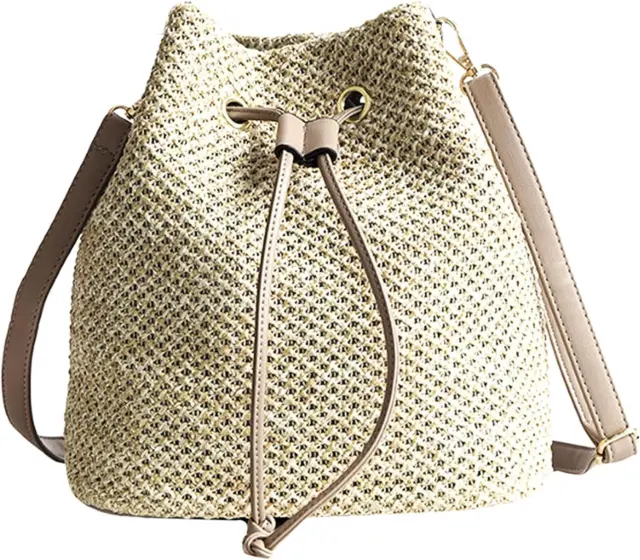 Small Drawstring Shoulder Bag Straw Weave Handbag Summer Beach Purse