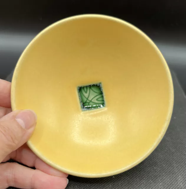 Studio Art Pottery Yellow Ochre Bowl Green Fused Glass Center Small Trinket Dish