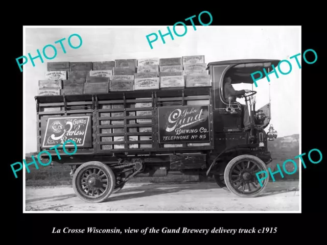 OLD LARGE HISTORIC PHOTO OF LA CROSSE WISCONSIN THE GUND BREWERY TRUCK c1915