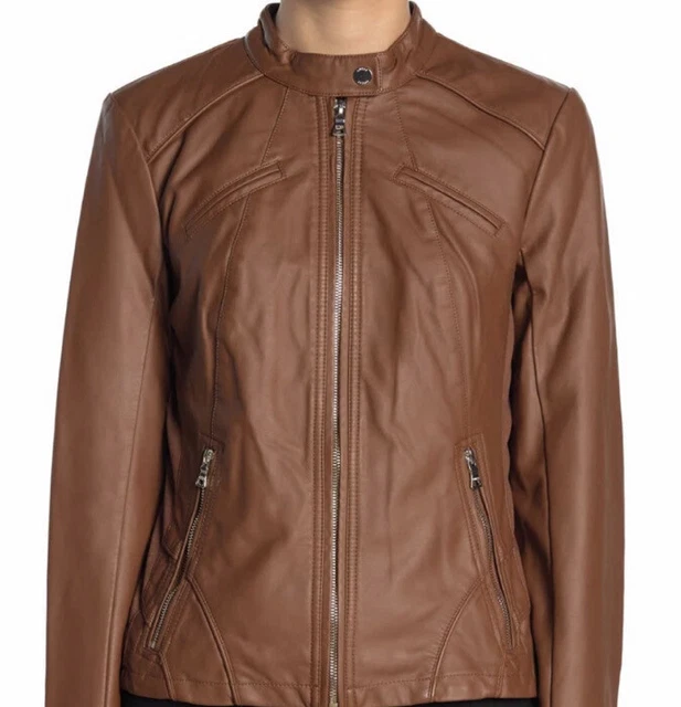Guess Cognac Brown Faux Leather Full Zipper Moto Jacket Size Medium
