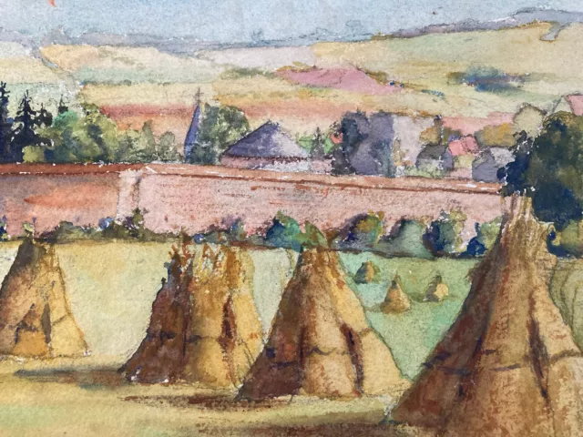 Pintura Poste De Acuarela Impresionista Campos Heno Castillo 1940 Para