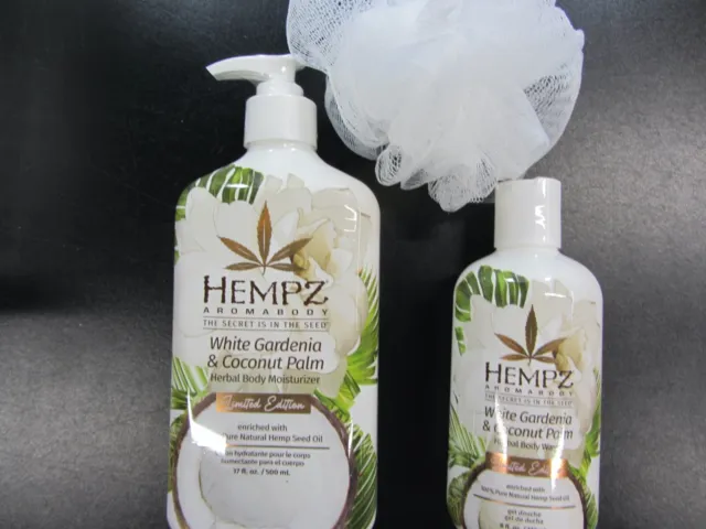 Hempz White Gardenia & Coconut Collection Moisturizer & Body Wash & Pouf Le