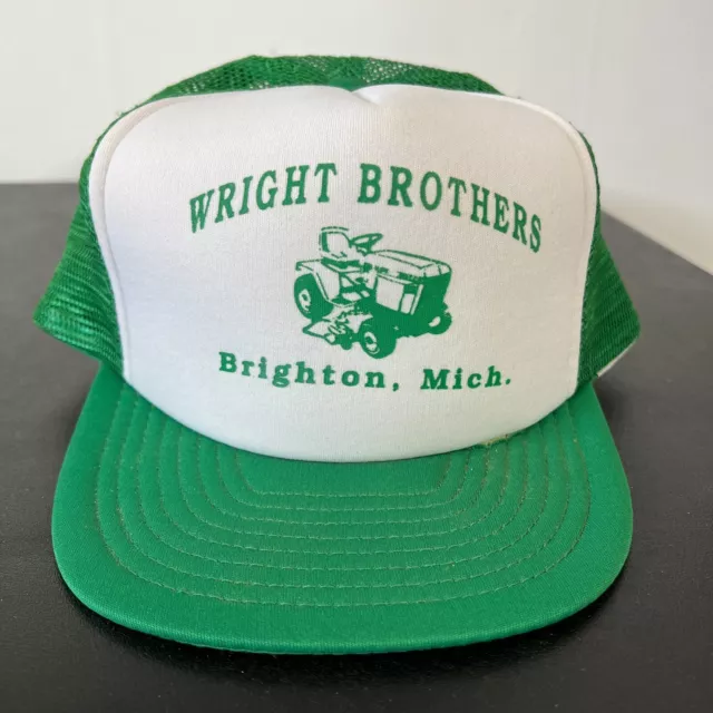 VINTAGE Trucker Hat Green Snapback Cap Wright Brothers Farming Tractors 80s Logo